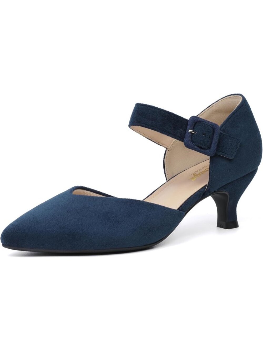 〽️Women's Navy Kitten Heels Pointed Closed Ankle Strap Buckle Slip On Shoes